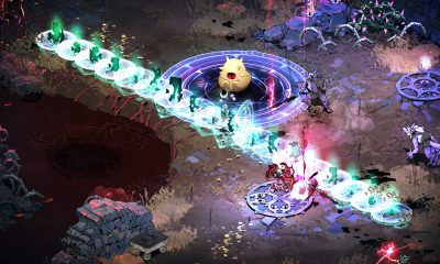 Melinoe casts a bright circular attack in a dark clearing in Hades II.
