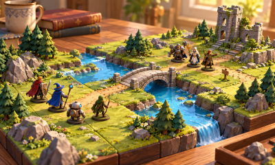 Original illustration of adventurers and a small robot on a miniature tiled fantasy battlefield.