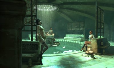 Corvo approaches two people in a green-lit room in Dishonored.