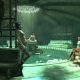 Corvo approaches two people in a green-lit room in Dishonored.