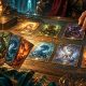 Original illustration of hands arranging fantasy creature cards on a candlelit table.