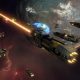 A large spacecraft fires its engines above a planet in Sins of a Solar Empire II.