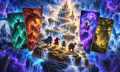 Original illustration of fantasy cards floating around adventurers and a luminous tower in a blue and purple magical landscape.
