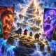 Original illustration of fantasy cards floating around adventurers and a luminous tower in a blue and purple magical landscape.