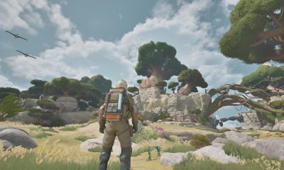 Astronaut exploring a grassy island beneath large trees in ATMOSFAR.