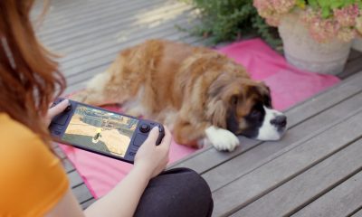 Person playing Steam Deck OLED outdoors beside a resting dog.