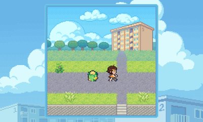 Hoshino and Moro-Q walking past an apartment building in Danchi Days.
