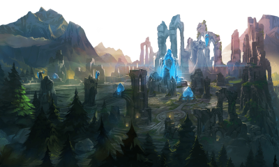 Blue crystal structures among forested ruins in official League of Legends artwork.