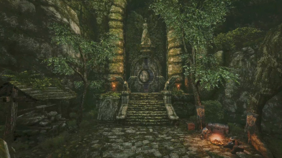 Stone steps leading to an overgrown ruined entrance beside a campfire in Queen’s Domain.