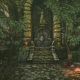 Stone steps leading to an overgrown ruined entrance beside a campfire in Queen&rsquo;s Domain.