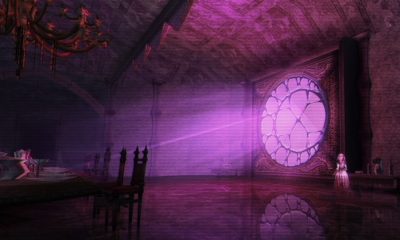 Purple light illuminating a vaulted chamber and circular window in Lunacid.