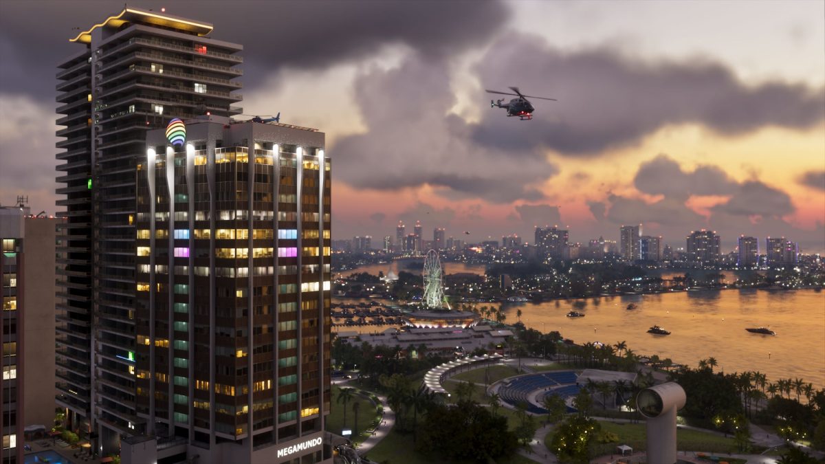 Helicopters above the Vice City waterfront at sunset in Grand Theft Auto VI.
