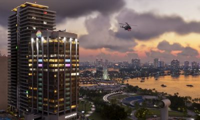 Helicopters above the Vice City waterfront at sunset in Grand Theft Auto VI.