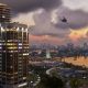 Helicopters above the Vice City waterfront at sunset in Grand Theft Auto VI.
