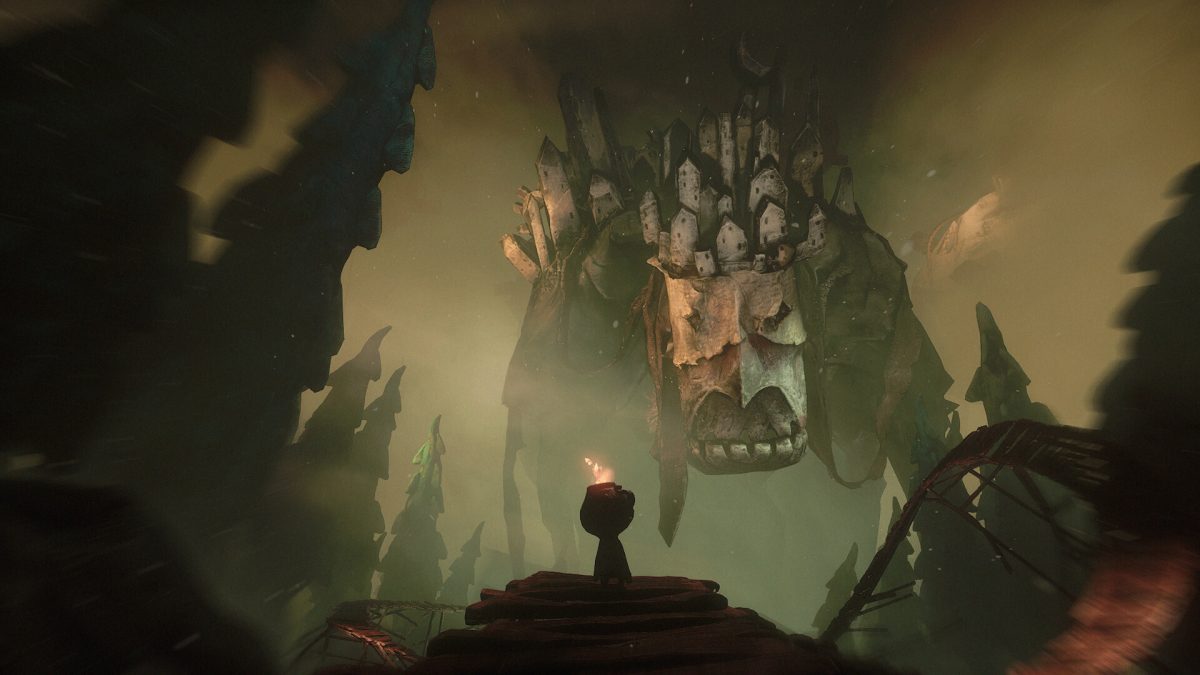 Potboy faces a towering creature crowned with miniature houses in The Midnight Walk.