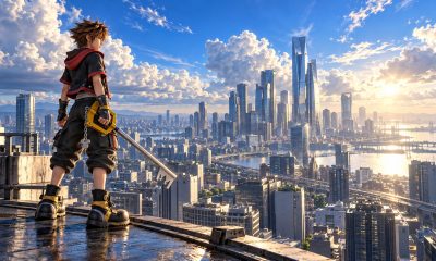 Sora holds a Keyblade on a rooftop overlooking a sunlit modern city in a Kingdom Hearts IV-inspired illustration.