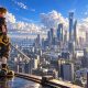 Sora holds a Keyblade on a rooftop overlooking a sunlit modern city in a Kingdom Hearts IV-inspired illustration.