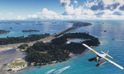 A seaplane above turquoise water, islands, and a long bridge in GTA 6's Leonida Keys
