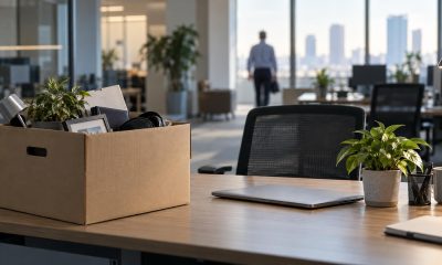 Office desk with a packed cardboard box, desk plant and closed laptop
