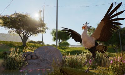 A Secretarybird spreads its wings inside a landscaped aviary in Planet Zoo 2.