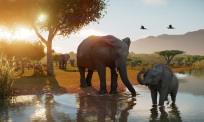 An adult elephant and calf stand in a sunlit watering hole, with zebras and other wildlife behind them in Planet Zoo 2.
