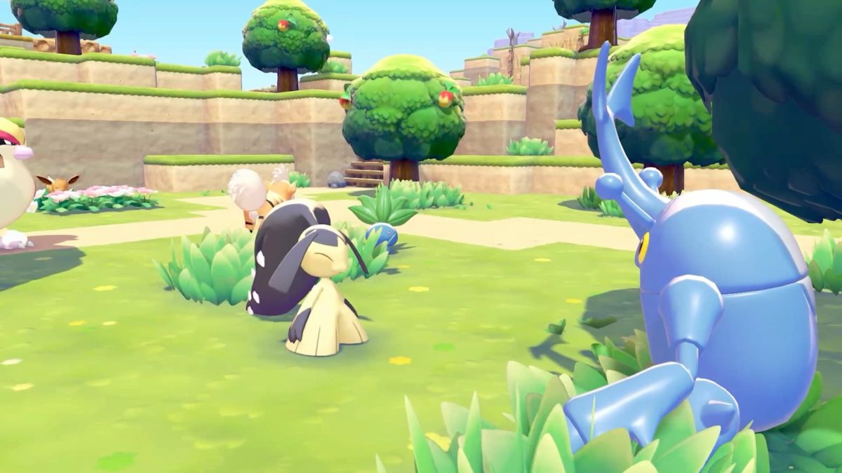 Pokémon face each other on grassy terraces surrounded by fruit trees in Pokémon Pokopia.