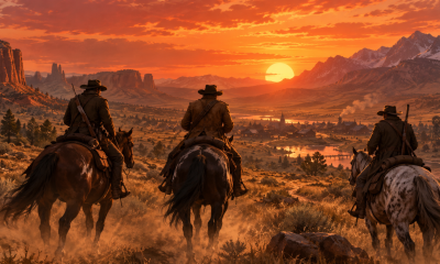Three Western riders overlooking a frontier town at sunset, in an AI-generated editorial illustration inspired by Red Dead.