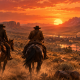 Three Western riders overlooking a frontier town at sunset, in an AI-generated editorial illustration inspired by Red Dead.