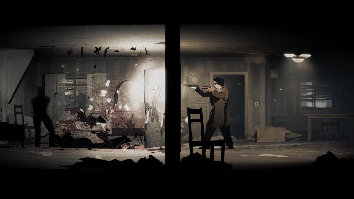 A trench-coated character fires a shotgun toward a creature in a dim, damaged room in Silver Pines.