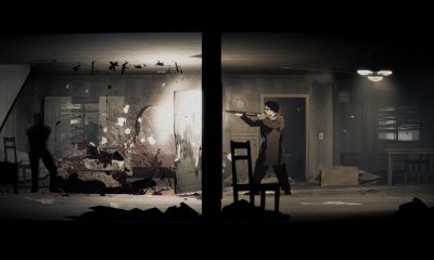 A trench-coated character fires a shotgun toward a creature in a dim, damaged room in Silver Pines.