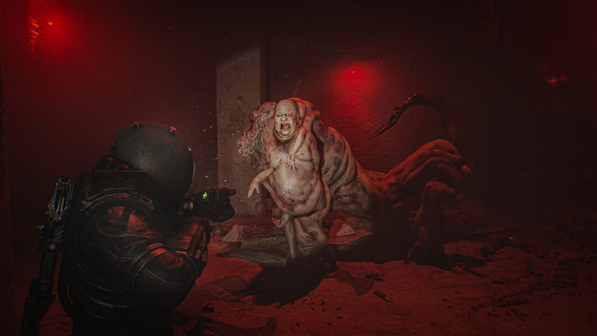 The Traveler confronts a creature in a red-lit room in Cronos: The New Dawn.
