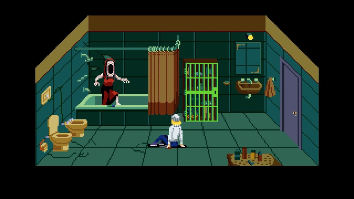 The protagonist faces a screaming creature in a green tiled bathroom in Tenebris Somnia.