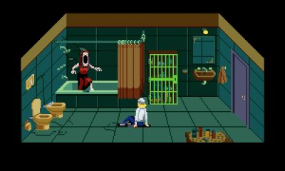 The protagonist faces a screaming creature in a green tiled bathroom in Tenebris Somnia.
