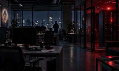 Dark game-studio office at night with a server room glowing red behind glass