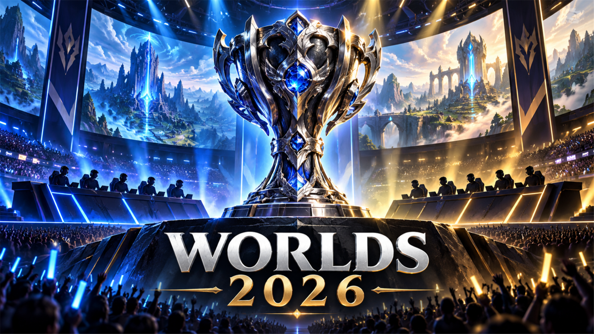 Illustrated championship trophy in a blue-and-gold esports arena with opposing teams and Worlds 2026 lettering.