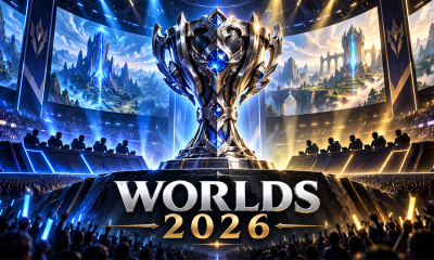 Illustrated championship trophy in a blue-and-gold esports arena with opposing teams and Worlds 2026 lettering.