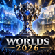 Illustrated championship trophy in a blue-and-gold esports arena with opposing teams and Worlds 2026 lettering.