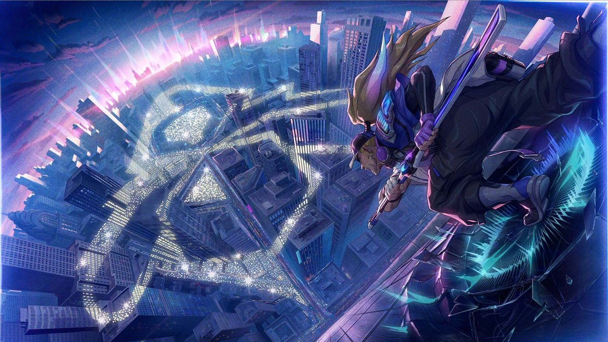 A masked League of Legends character overlooks a brightly illuminated stadium and city skyline.