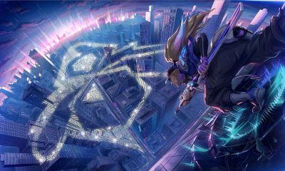 A masked League of Legends character overlooks a brightly illuminated stadium and city skyline.