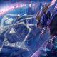 A masked League of Legends character overlooks a brightly illuminated stadium and city skyline.